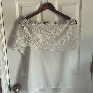White off the shoulder stretchy lace top - chiffon bottom